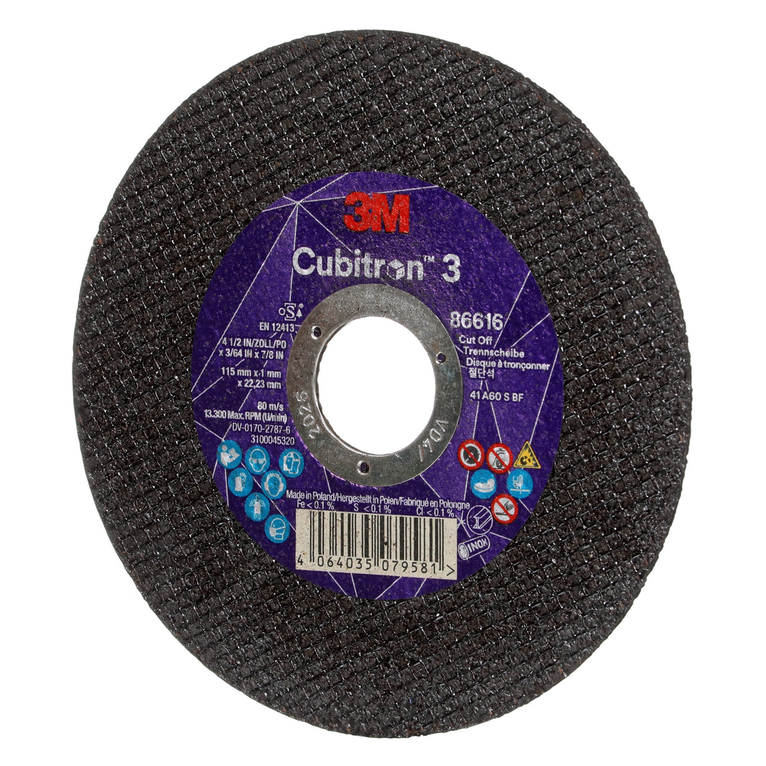 3M Cubitron 3 Cut-Off Wheel, 86616, 60+, T41, 115 mm x 1 mm x 22.23 mm, EN, 25/ Pack, 50 ea/Case