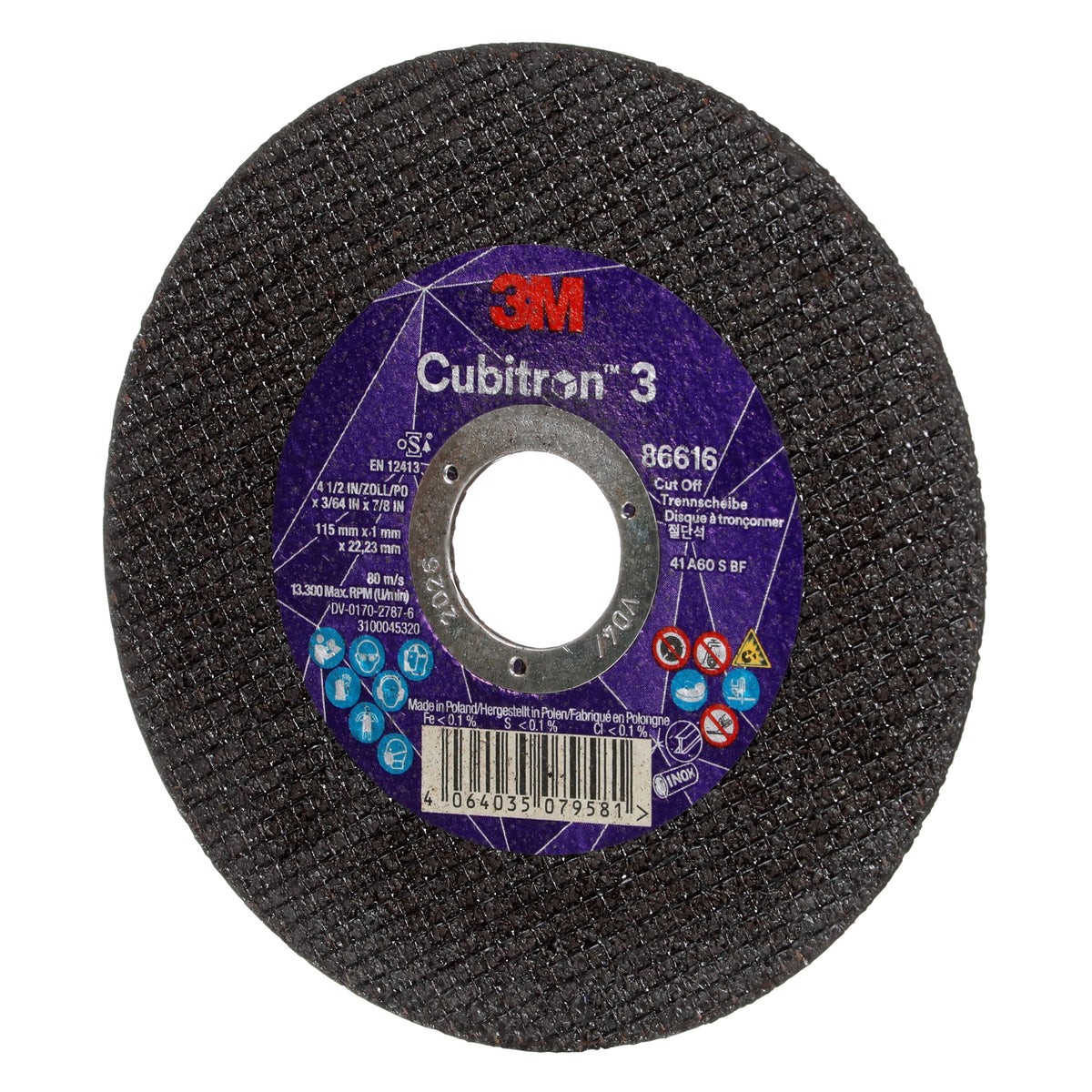 3M Cubitron 3 Cut-Off Wheel, 86616, 60+, T41, 115 mm x 1 mm x 22.23 mm, EN, 25/ Pack, 50 ea/Case
