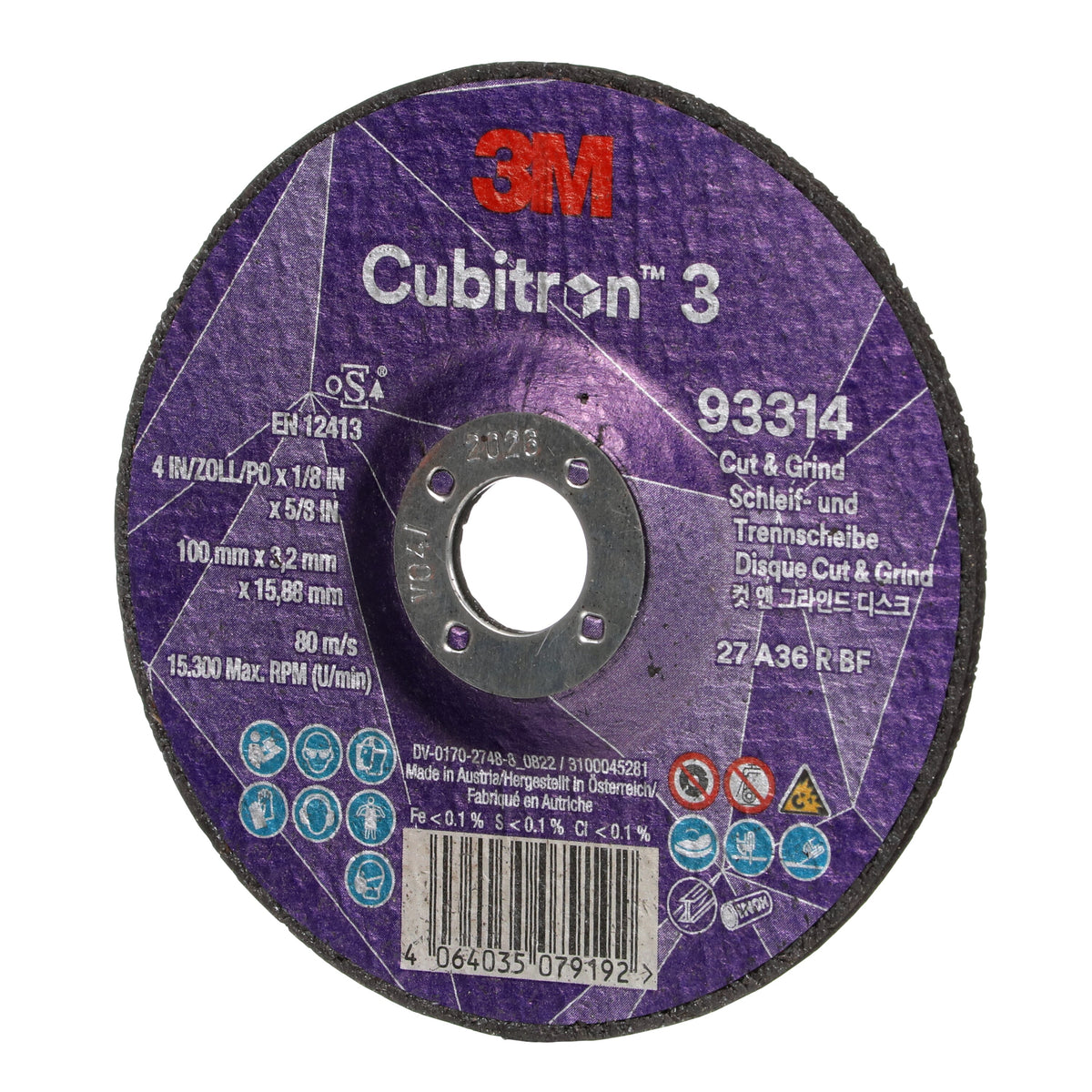 3M Cubitron 3 Cut and Grind Wheel, 93314, 36+, T27, 100 mm x 3.2 mm x 15.88 mm, EN, 10/Pack, 20 ea/Case