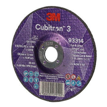 3M Cubitron 3 Cut and Grind Wheel, 93314, 36+, T27, 100 mm x 3.2 mm x 15.88 mm, EN, 10/Pack, 20 ea/Case