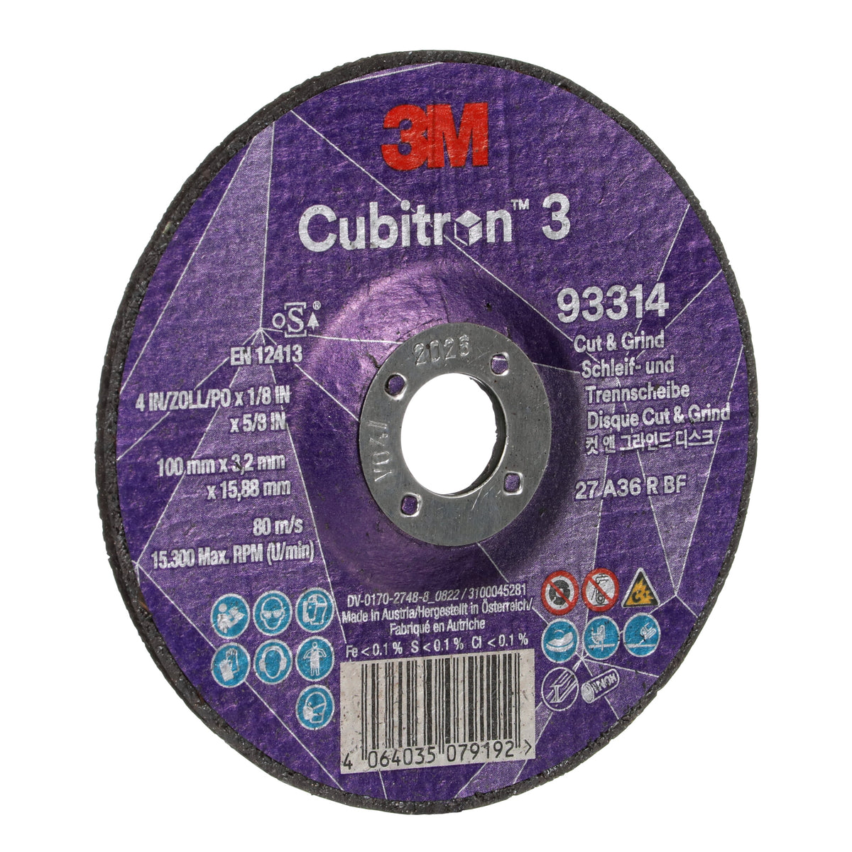 3M Cubitron 3 Cut and Grind Wheel, 93314, 36+, T27, 100 mm x 3.2 mm x 15.88 mm, EN, 10/Pack, 20 ea/Case