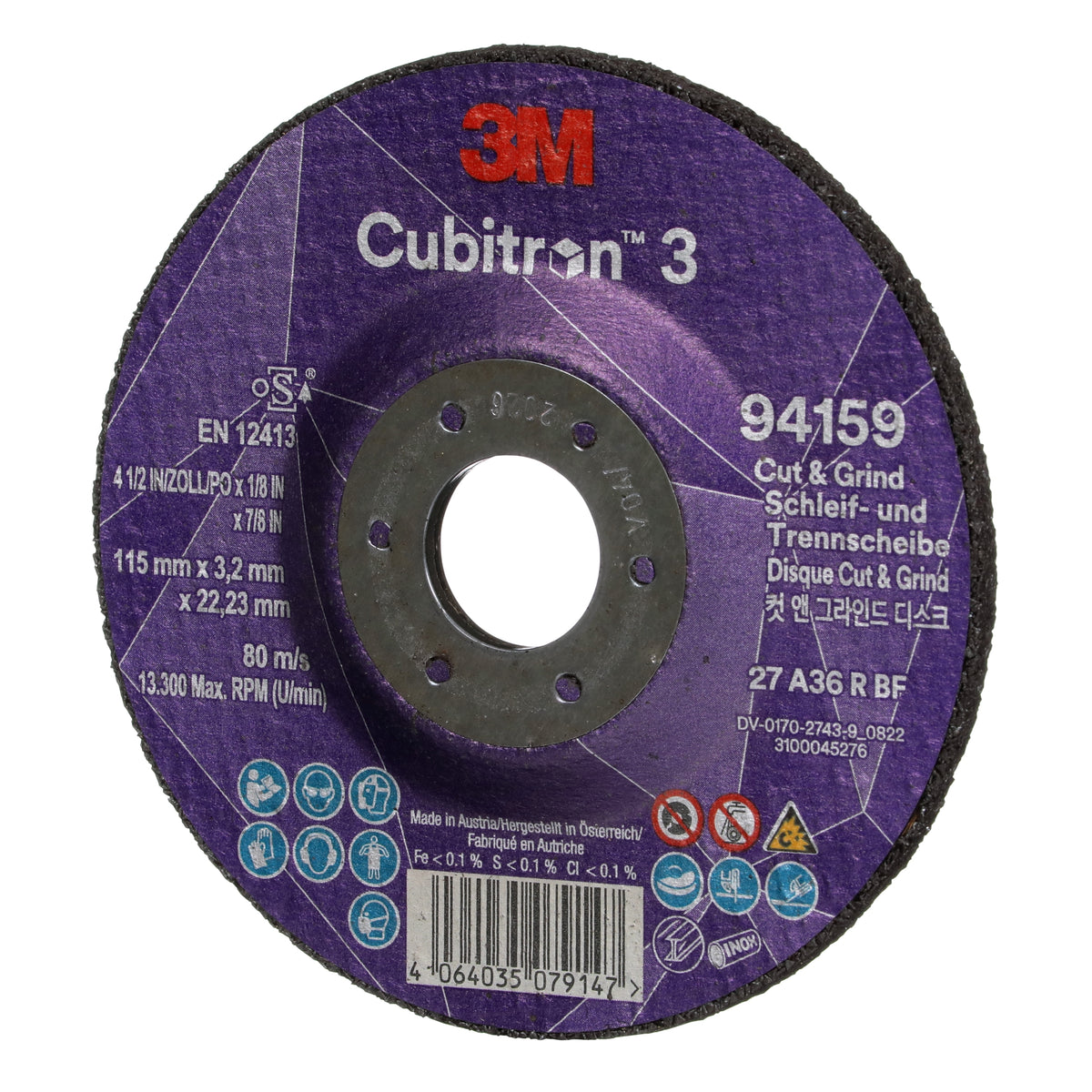 3M Cubitron 3 Cut and Grind Wheel, 94159, 36+, T27, 115 mm x 3.2 mm x 22.23 mm, EN, 10/Pack, 20 ea/Case