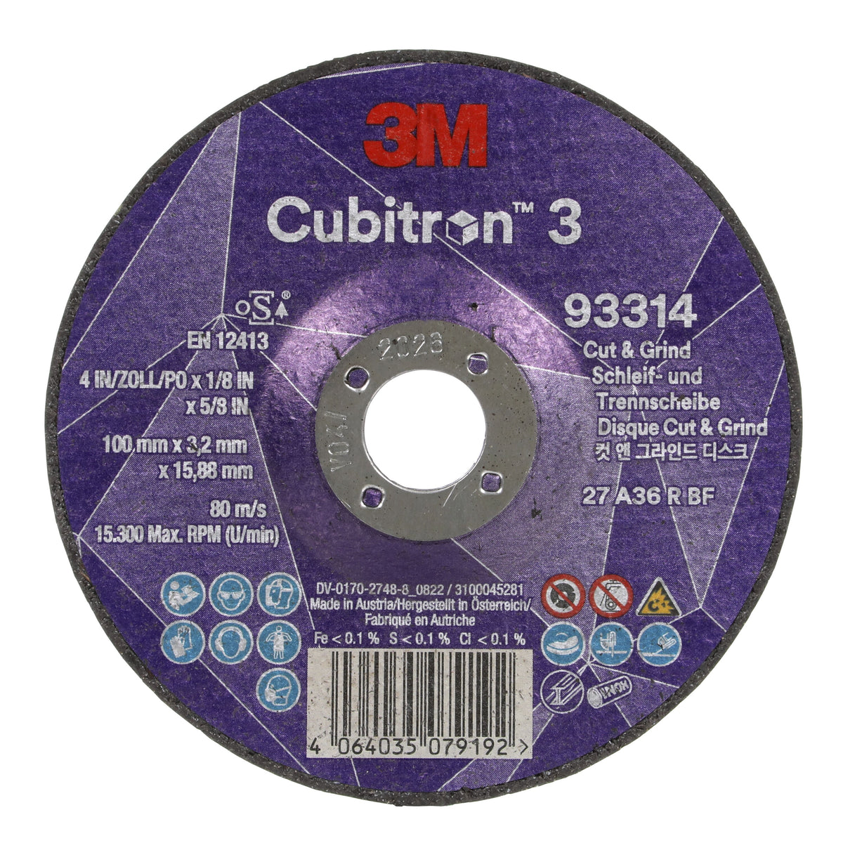3M Cubitron 3 Cut and Grind Wheel, 93314, 36+, T27, 100 mm x 3.2 mm x 15.88 mm, EN, 10/Pack, 20 ea/Case