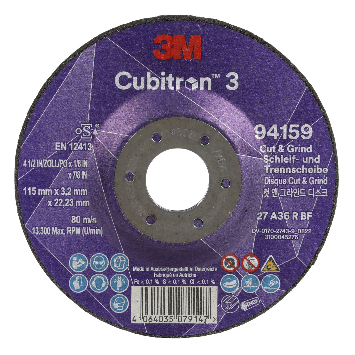 3M Cubitron 3 Cut and Grind Wheel, 94159, 36+, T27, 115 mm x 3.2 mm x 22.23 mm, EN, 10/Pack, 20 ea/Case