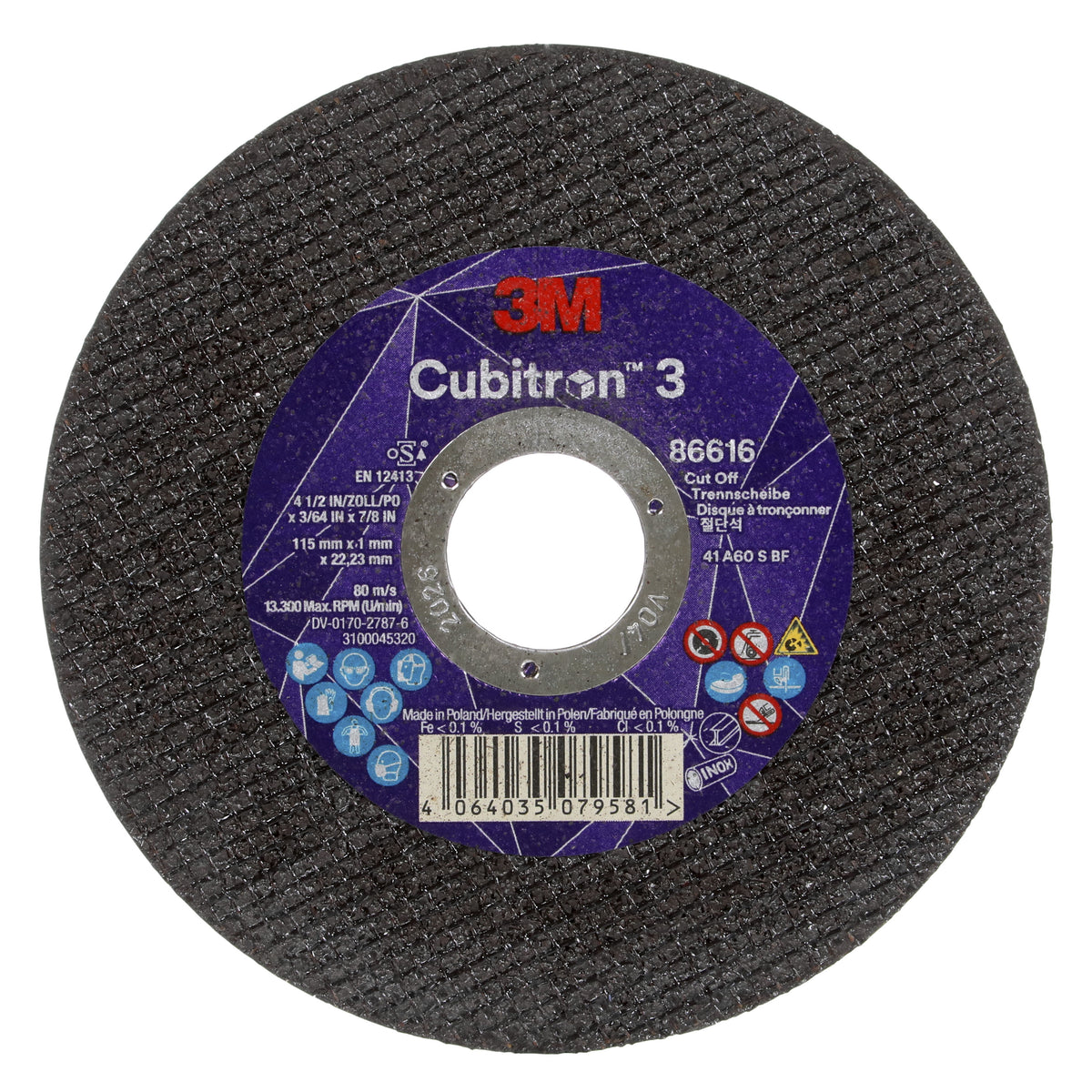 3M Cubitron 3 Cut-Off Wheel, 86616, 60+, T41, 115 mm x 1 mm x 22.23 mm, EN, 25/ Pack, 50 ea/Case