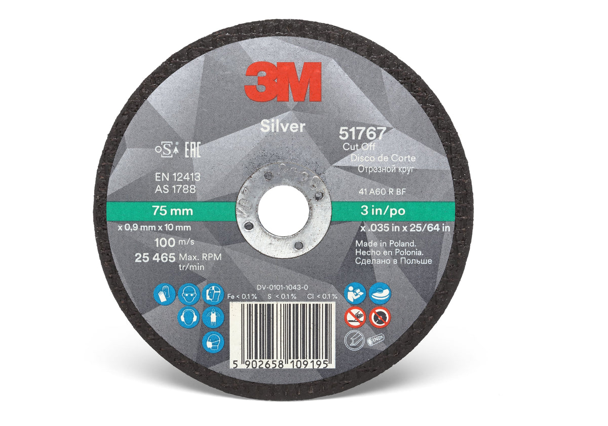 3M Silver Cut-Off Wheel, T41, 75 mm x 0.9 mm x 10 mm